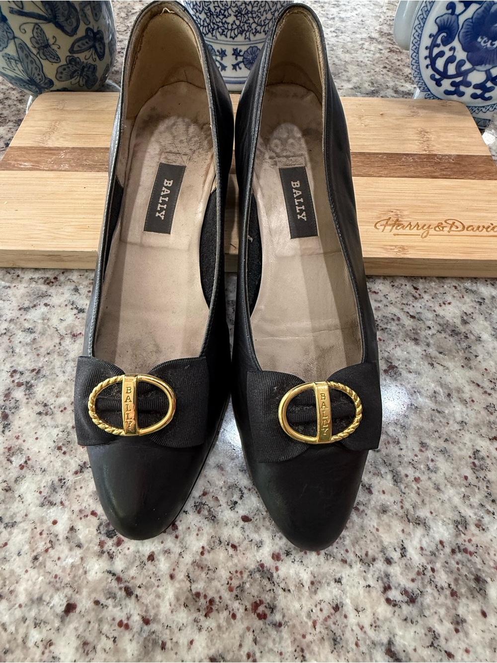 Bally Black Leather Pumps with Bow and Gold-Tone Buckle